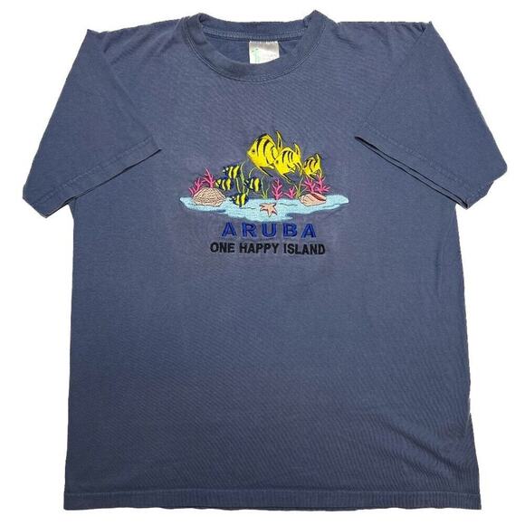 Aruba Fashion Beach T-Shirt Blue Embroidered Short Sleeve Size 44 Tropical Ocean - Picture 1 of 10